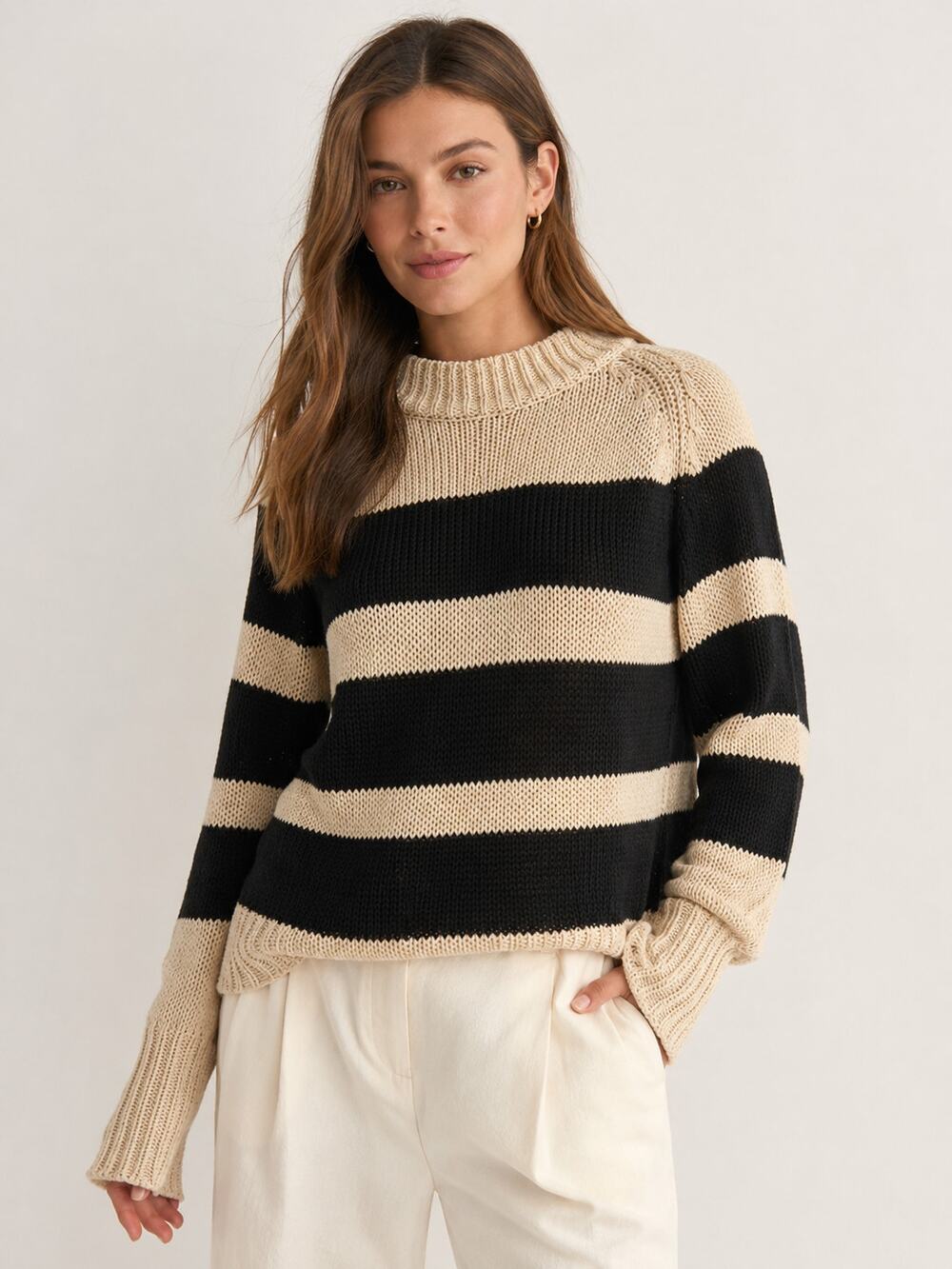 A.L.C. Black & Cream Striped Open Knit Cotton Blend Sweater Size Small